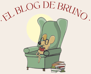 Ilustración de Bruno, ratoncito sobre un sofá con libros al lado con el título del blog